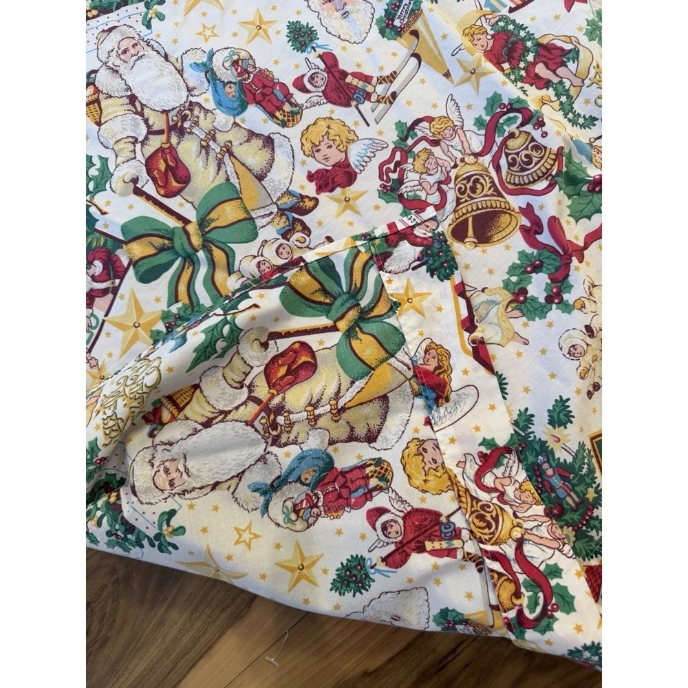 Vintage Christmas Flat Sheet King Size 103x101 Santa Angels Holiday Bedding